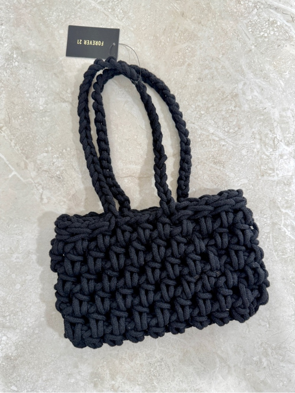Forever 21 Black Chunky Knit Mini Tote Bag Woven Crochet Small Handbag